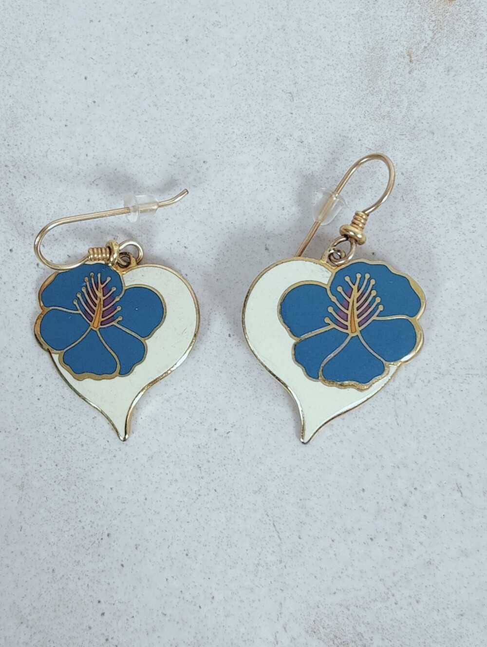 VTG 80s 90s Laurel Burch 'Hibiscus Heart' Enamel Gold Tone Dangle Earrings